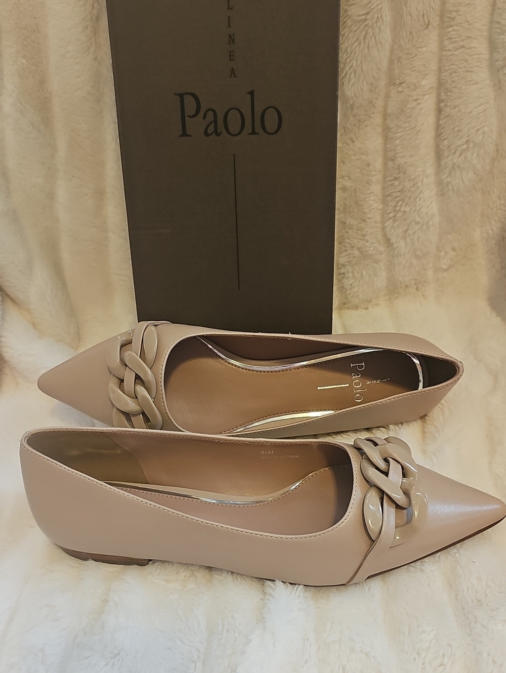 Paolo Women's Taupe Pointed Toe Nappa Leather Flats with Chain Accent